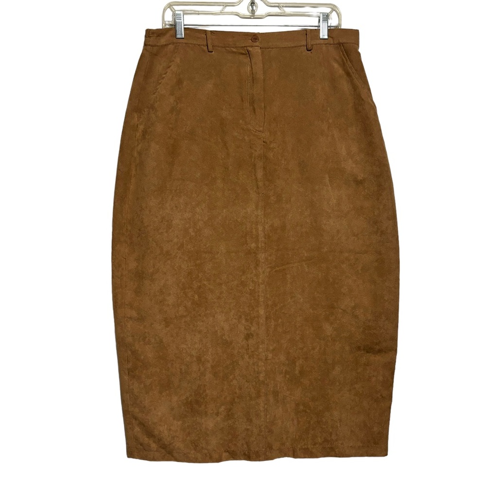 Vtg The Design Loft faux suede Pencil skirt comfort stretch sides pockets LG EUC
